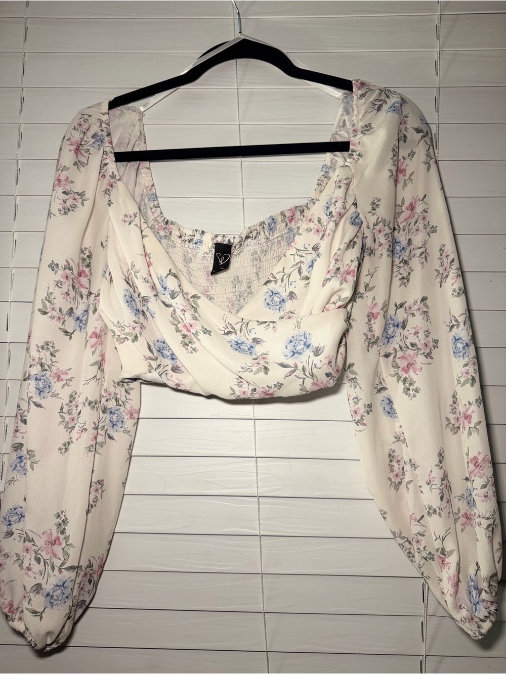 Windsor Cream Floral Square-Neck Puff Sleeve Crop Top